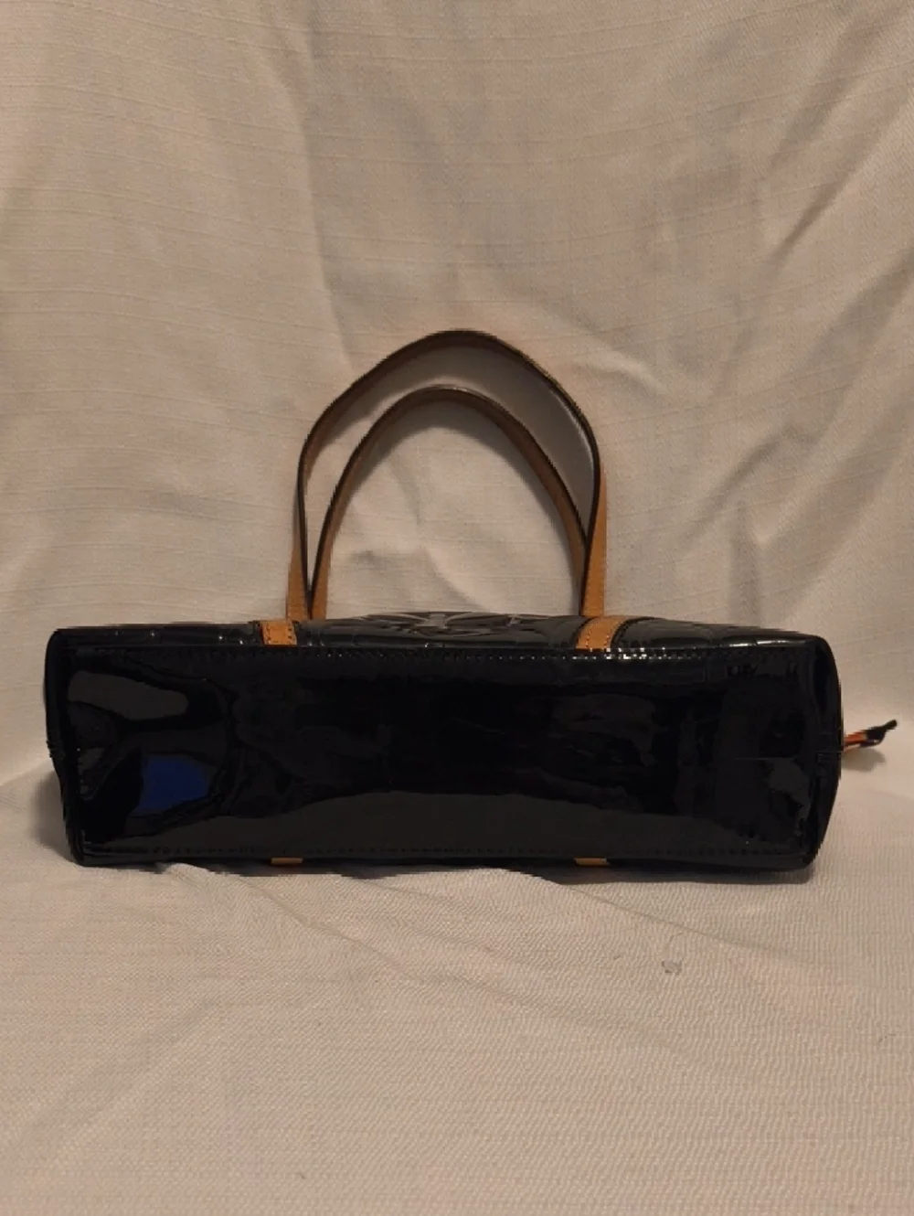 Coach Peyton Black Patent Mini Tote with Tan Trim and Floral Scarf - Picture 4 of 6